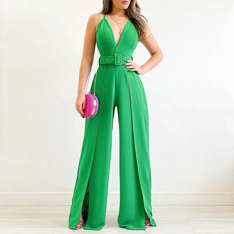 

Jumpsuits for Women 2023 Spring New Solid Elegant Work Product Sling V-Neck High Waist Split Leg Pants Casual Jumpsuit