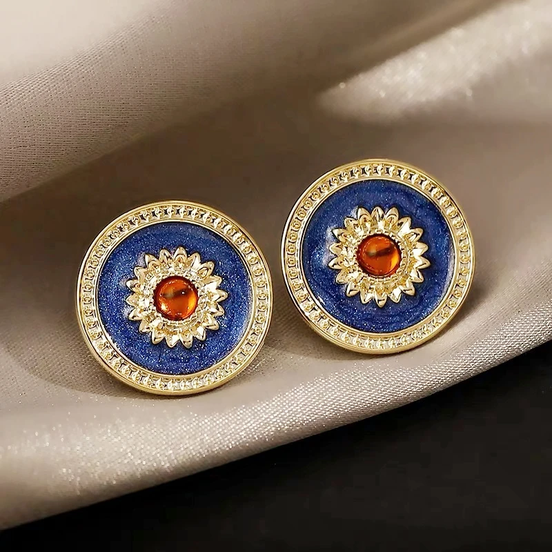 

Blue Glaze Round Stud Earring for Women Enamel Geometric Literary Retro Temperament Fashion Retro Flower Earring Jewelry Gift
