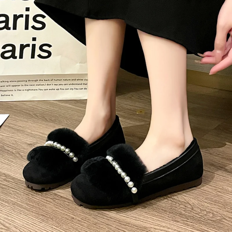 2024 женские меховые туфли без шнуровки на плоской подошве с круглым носком для