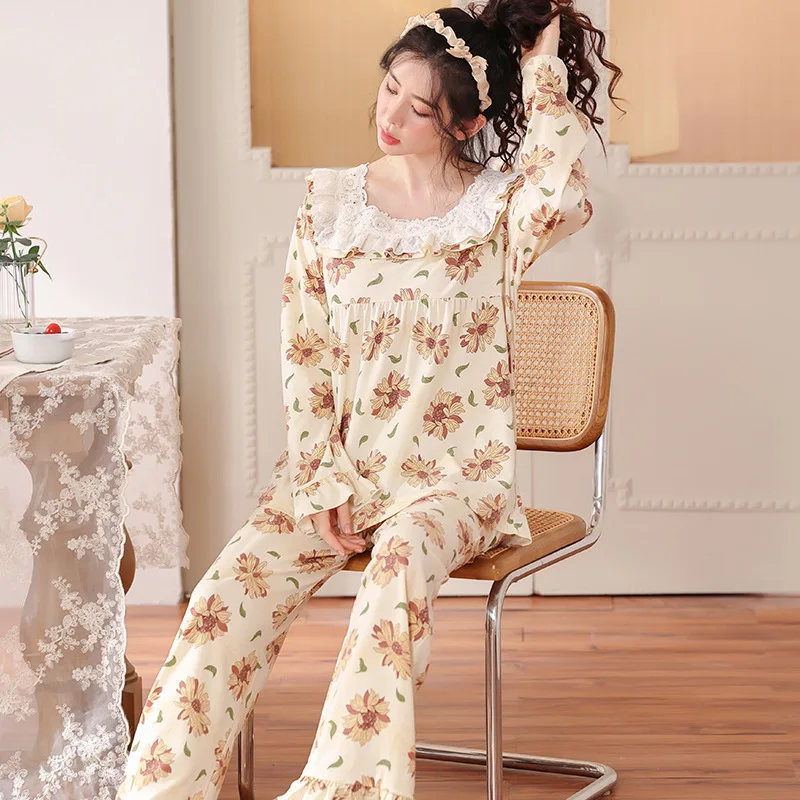 

Yasuk Spring Autuum Fashion Women's Casual Lace Square Collar Sleepwear Homewear Lovely Sweet Pajamas With Pants Soft Sunflower
