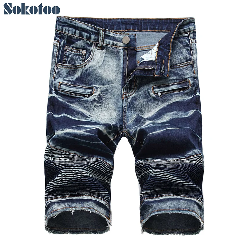 

Men's straight motorcycle shorts, tight, wrinkled, denim, elastic, suitable for motorcycles, summer, Capris