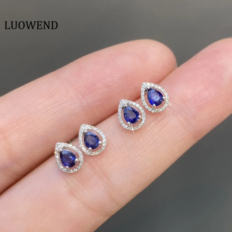 

LUOWEND 18K White Gold Earrings Pear Cut Natural Blue Sapphire Earrings Real Diamond Jewelry Classic Halo Design for Women