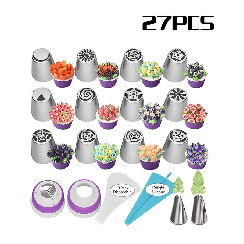 

Russian Stainless Steel Pastry Case 27Pcs Cake Decorating Tools Set Tulip Nozzles Frosting Confectionery Professional Large