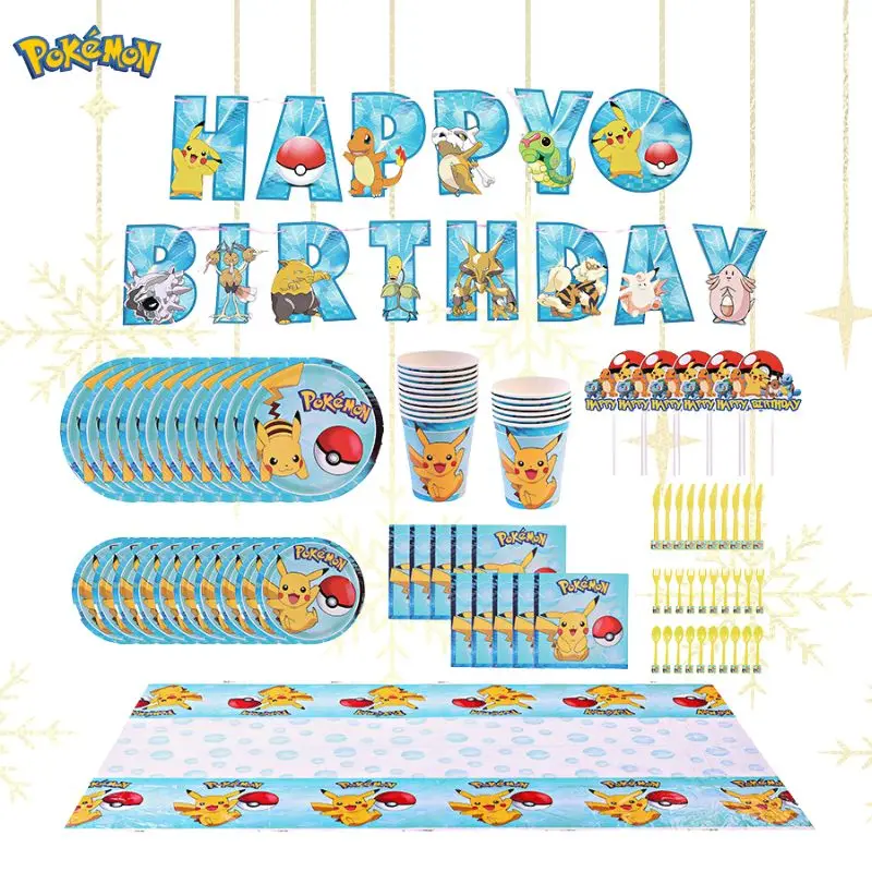 

Pokemon Party Theme Decoration Props Birthday Anime Figure Pikachu Paper Cup Tablecloth Banner Cake Flag Supplies Kids Toys Gift