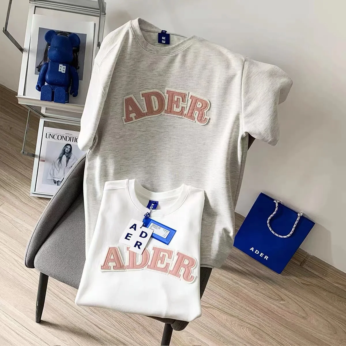 

High quality ADER ERROR short-sleeved top men and women summer 100%cotton round neck letter pink patch embroidery couple T-shirt