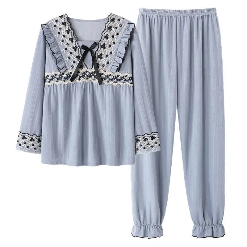 

Big Yards Womens Pajamas Set 2pcs Lace Cotton Sleepwear Vintage Casual Nightwear New Home Clothes Autumn Pajama Pijama Sleepwear