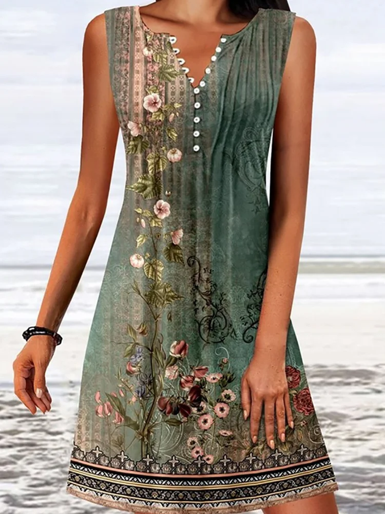 

Women's Fashion Sleeveless Dress Summer Casual V-Neck Button Dresses Female Pullover Vintage Printed Slim Dress