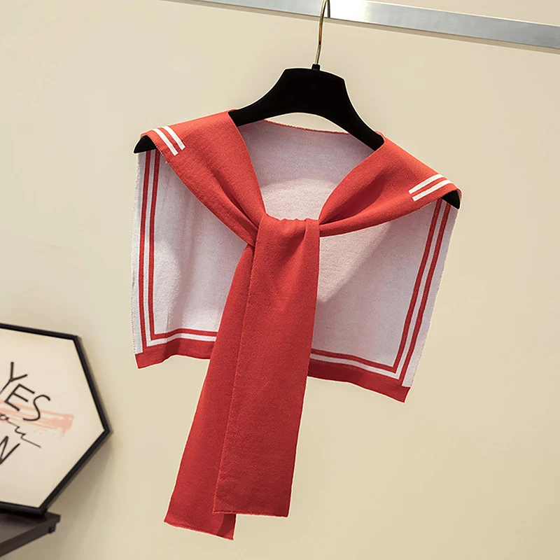 Корейская студенческая темно-синяя полосатая шерстяная вязаная накидка на плечо