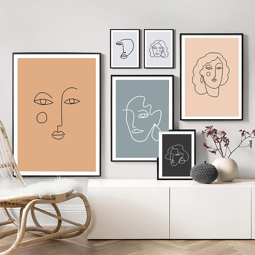 

Abstract Line Woman Dark Teal Tuscan Beige Face Wall Art Poster Print Vintage Portrait Canvas Painting Living Room Home Decor