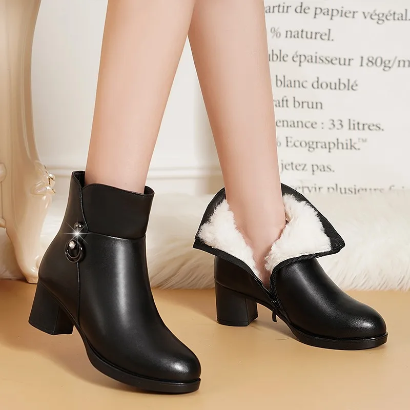 2022 NEW Fashion Soft Leather Women Ankle Boots High Heels Zipper Shoes Warm Wool Winter Boots for Women Plus Size 35-41