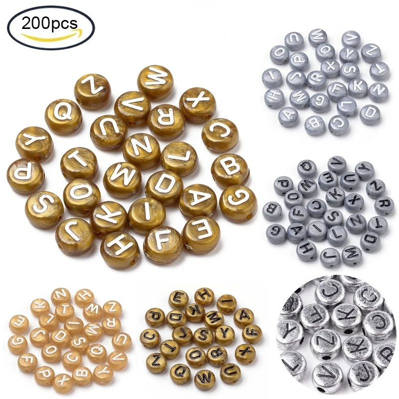 

200Pcs 7mm Acrylic Beads Mixed Letter Flat Round Golden Bead For Necklace Bracelet DIY Making
