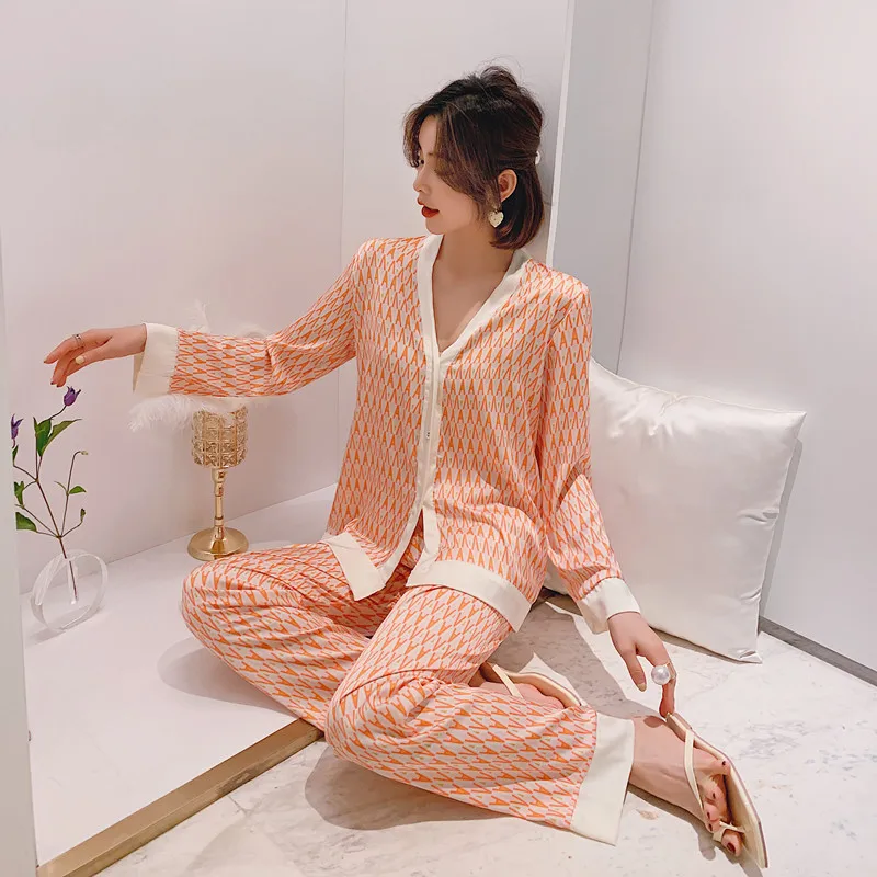 Women's Pajamas Sets Summer V Neck Design Suit Long Sleeve Trousers Set Home Clothes Sexy Satin Silk