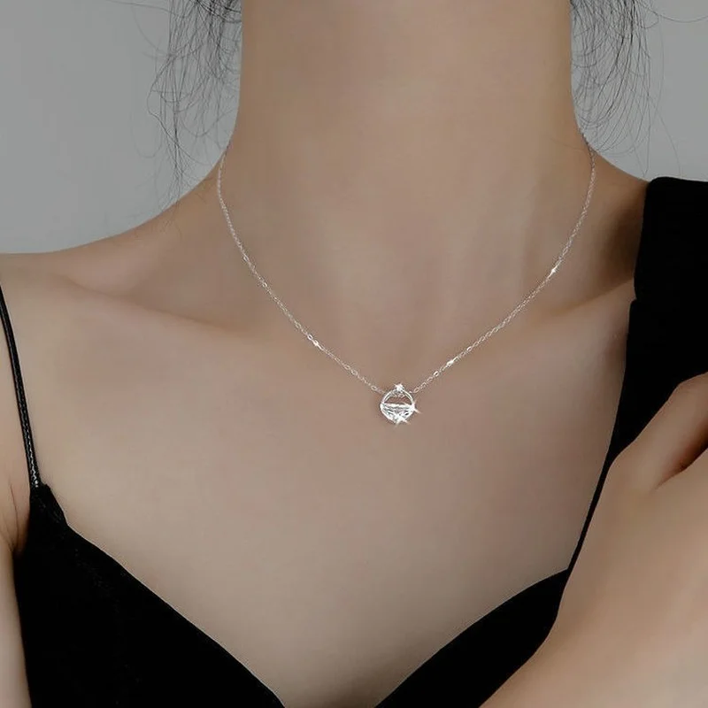 

VOQ 925 Sterling Silver Simple Cubic Zirconia Round Clavicle Chain Round Water Choker Necklace Party Jewelry Gift
