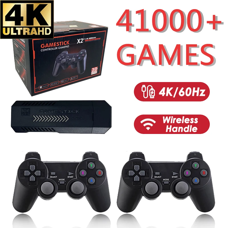 

X2 Plus 4K Game Stick HD Video Game Console 128G Built-in 41000 3D Games 40+ Simulators for N64/PSP With Wireless Controller