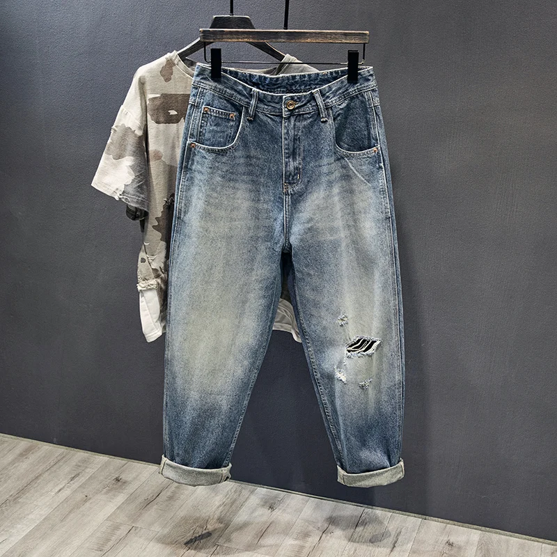 Street Fashion Men Jeans Retro Blue Loose Fit Hole Ripped Jeans Men Straight Trousers American Casual Wear Wide Leg Pants Hombre
