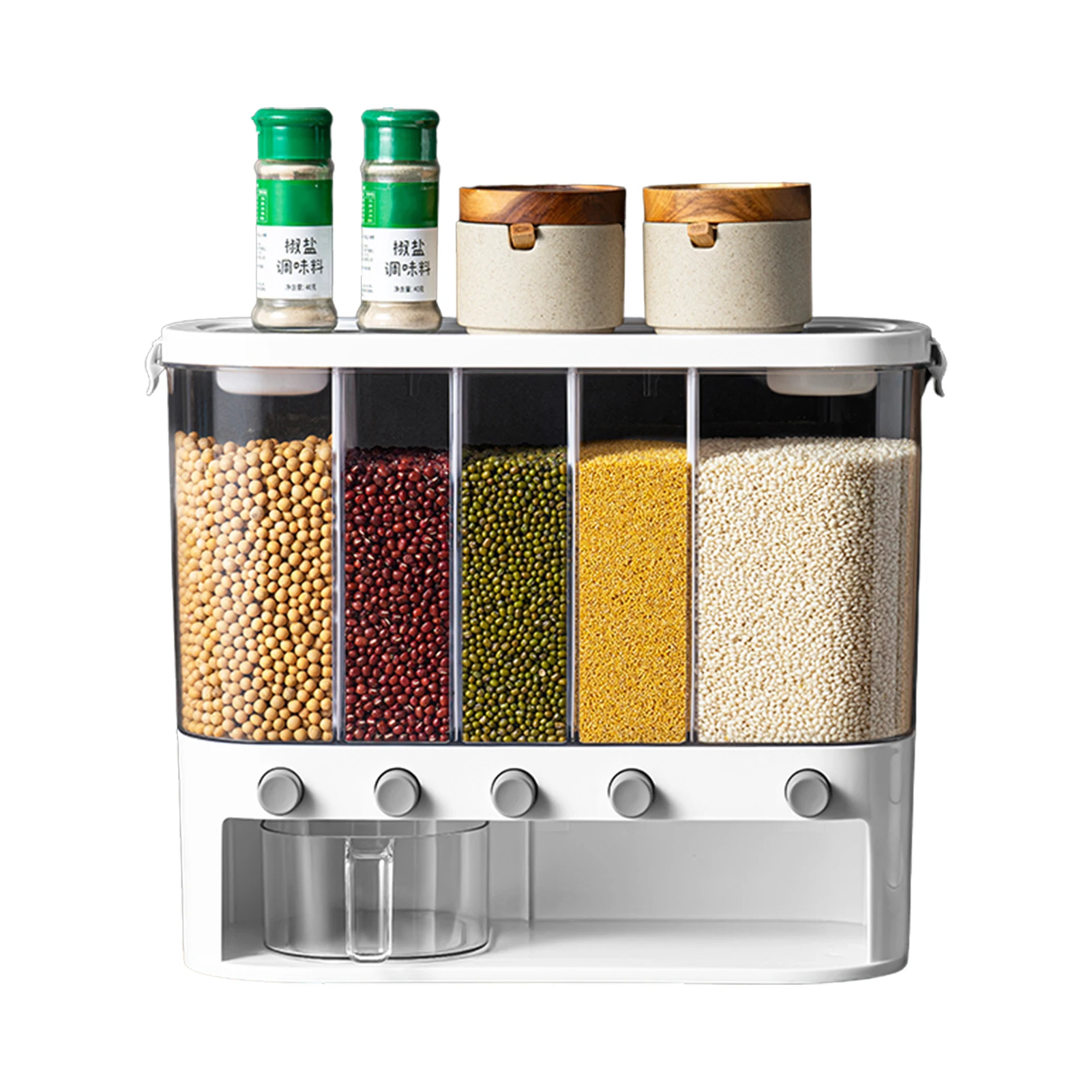 

Rice Dispenser 5-Grid Airtight Cereal Dispenser Countertop12L Dry Food Storage Container For Soybean Grains Flour Wall-Mounted