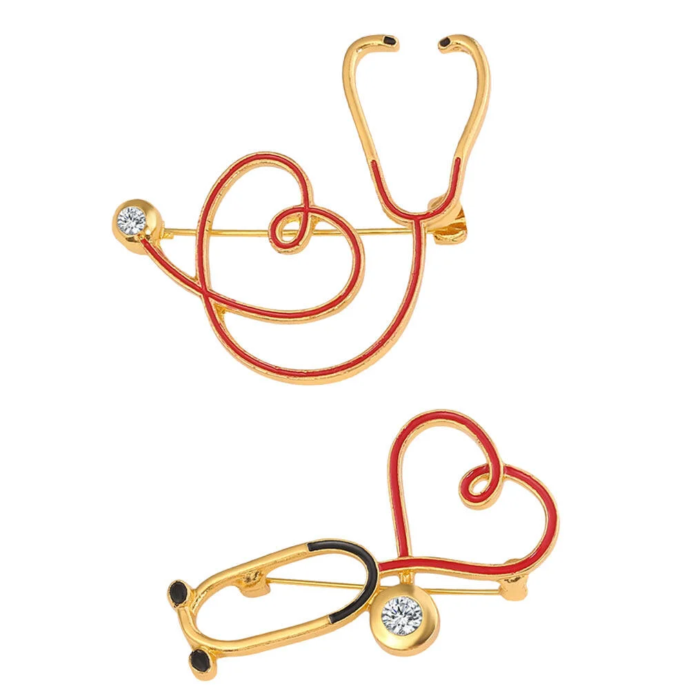 

2 Pcs Stethoscope Brooch Rhinestone Decor Alloy Modeling Decorative Nurse Badge Diamond-studded Creative