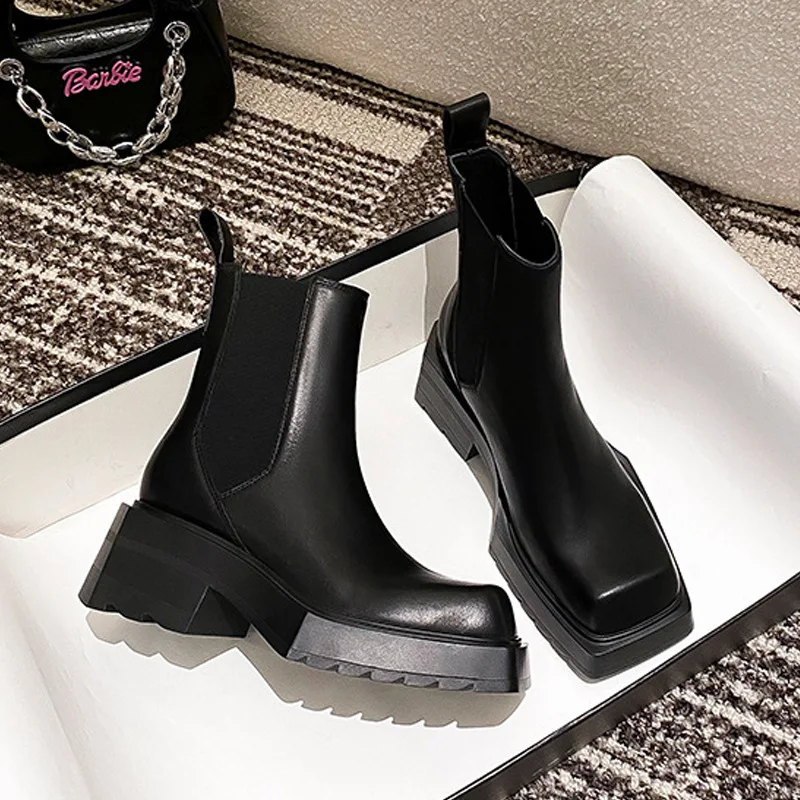 

Genuine Leather Boots for Women Nude Chunky Heel Chelsea Boots Square Toe High Heeled Short Boots Designer Fashion Women Boots