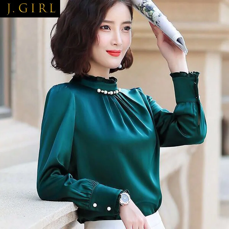 

Elegant Petal Sleeve Beading Oversized Long Sleeve Satin Shirt Vintage Loose Commute Women Clothing Spring Autumn Casual Blouse