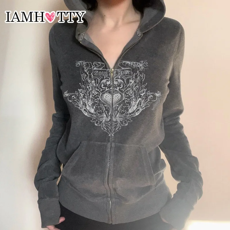 IAMHOTTY Толстовка на молнии с графическим принтом и блестками тонкие толстовки