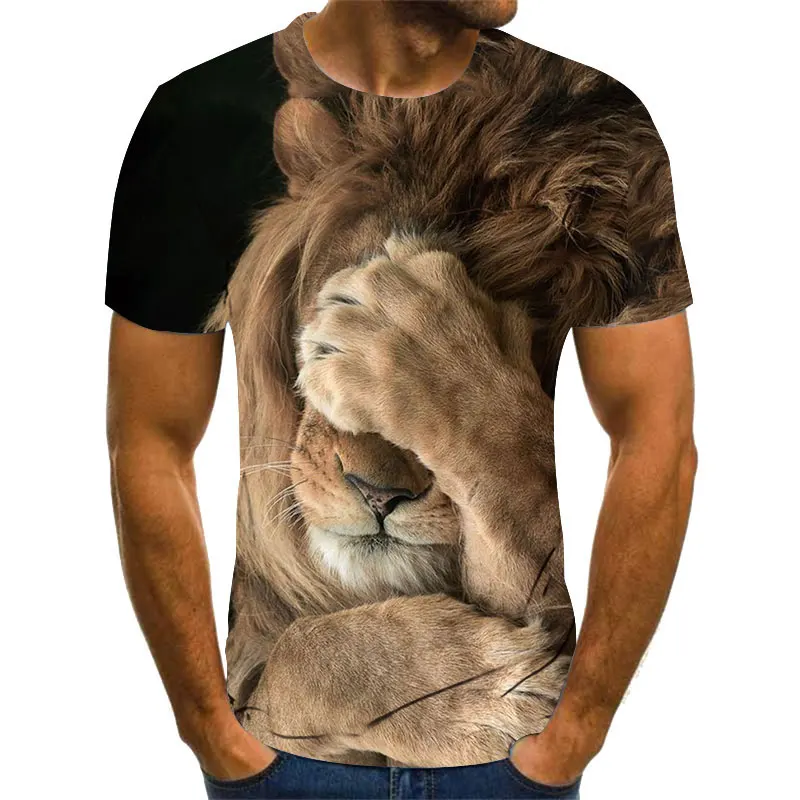 

Футболка мужская оверсайз, стильная повседневная рубашка с коротким рукавом, круглым вырезом, 3d-принт стеснительного маленького льва, на ле...