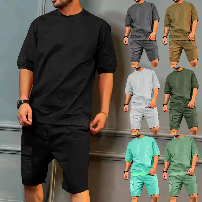 Men's Summer Cargo Sets Fashion Round-neck Collar short sleeve T-Shirt+Shorts Sports Jogging Suit Casual Stylish Sportsuit Set