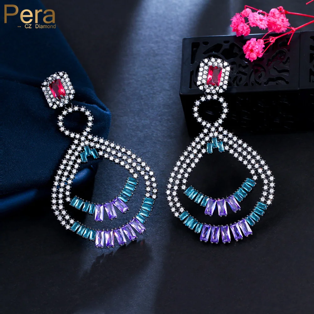 

Пера Eleagnt уникальный дизайн Фиолетовый Синий CZ Кристалл Черный пистолет покрытые длинные полые Висячие серьги для женщин ювелирные изделия...