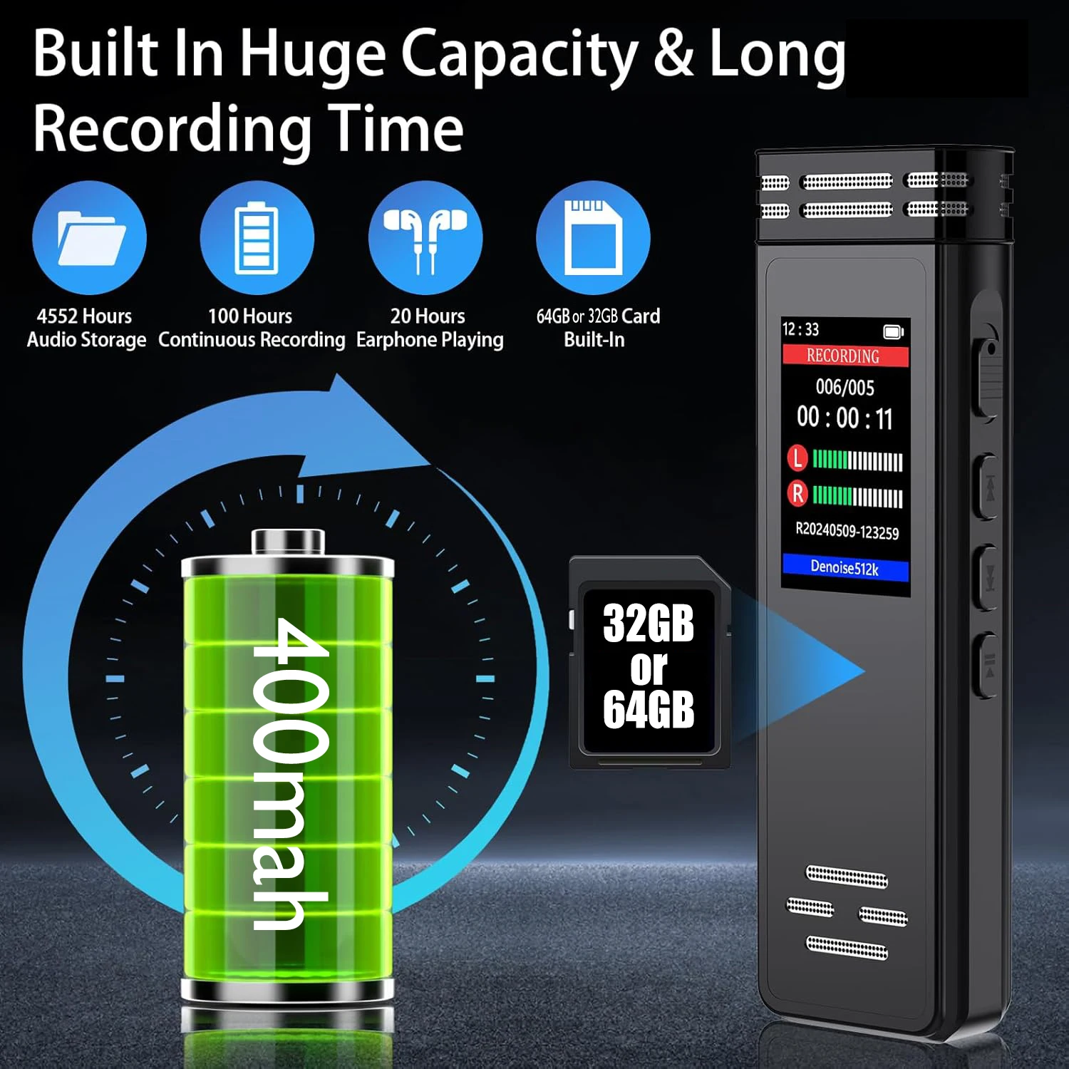 Цифровой аудио-рекордер USB C с голосовой активацией 32 ГБ 64 128 ручка для записи Mp3