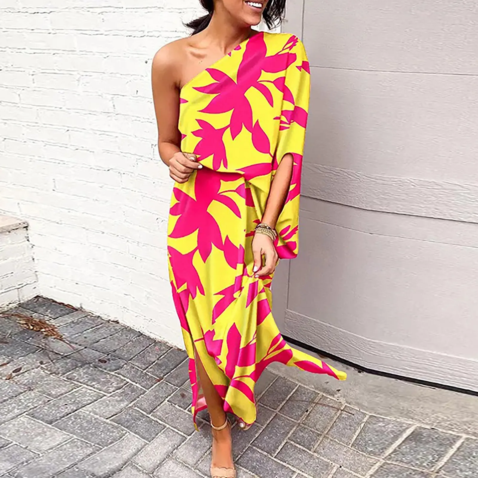 

Женское платье с разрезом на подоле, свободное Повседневное платье макси с принтом растений, платье на одно плечо в стиле бохо, сарафан с цве...