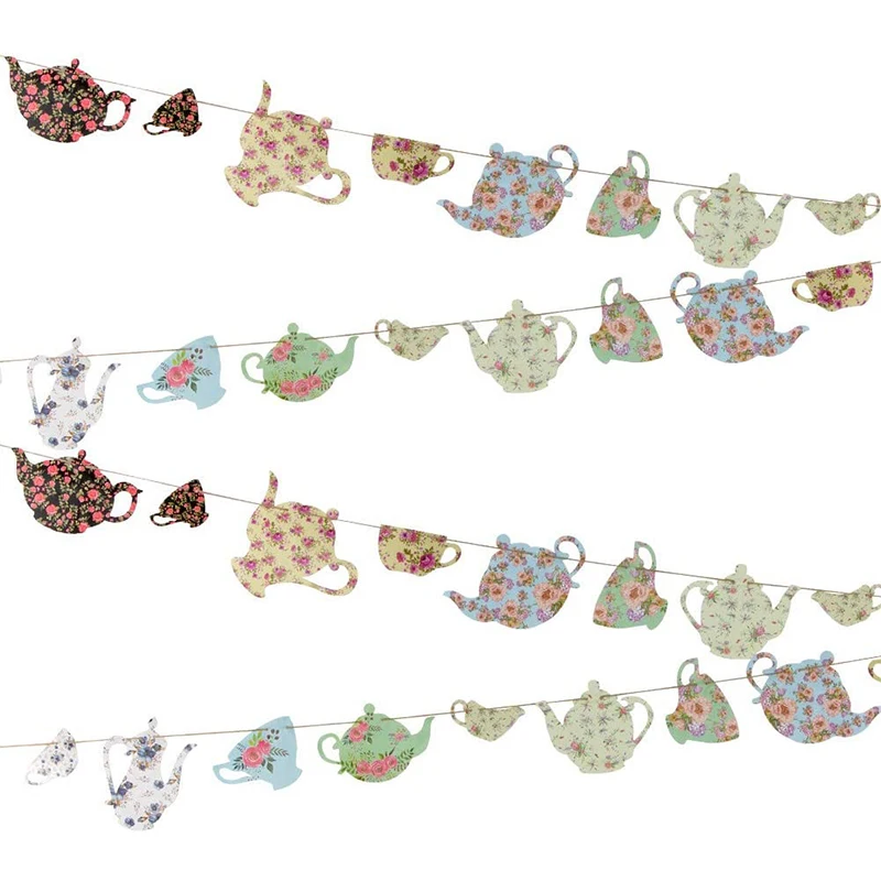 Tea Party Decoration Banner Paper Pre-Strung Cups Vintage Garden Teapot Girl Princesses Parties Bridal Showers Birthday Supplies