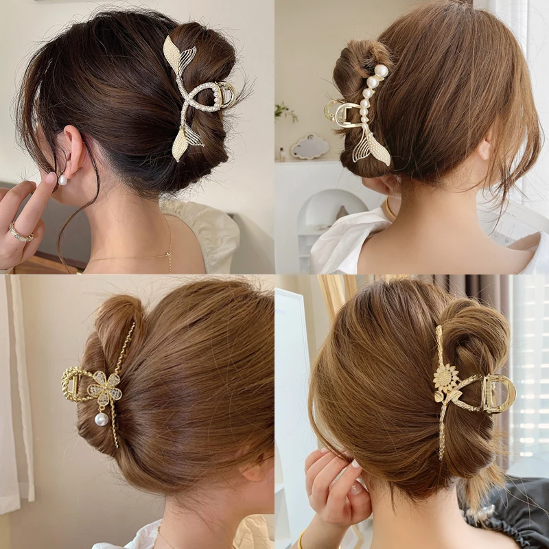 

Большая Металлическая женская заколка для волос, элегантная жемчужная заколка-краб с цветком рыбий хвост, заколка для волос для девочек, за...