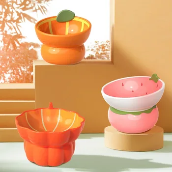 Ulmpp Cat Bowl Ceramic Elevated Pet Feeder Fruit Cartoon Kitten Puppy Water Food Feeding Single Dish Small Medium Dog Supplies