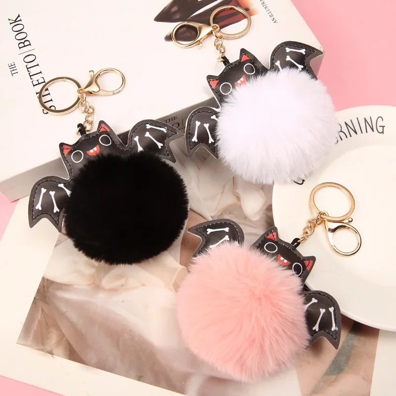 

Creative Dark Keychain Halloween Bat Soft Pom Pom Animal Car Keychain Ladies Car Bag Accessories Key Ring Ladies Gift Purse