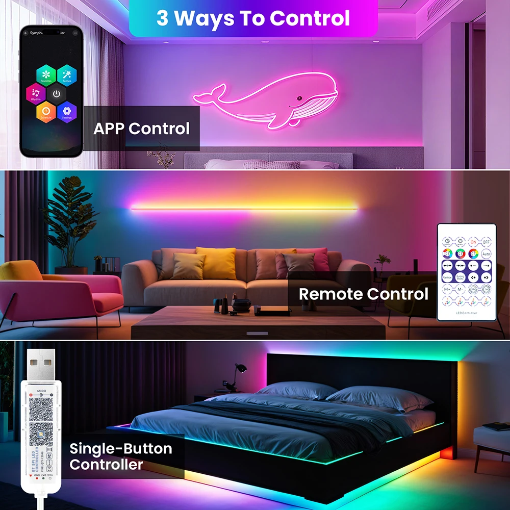 Фото Пушистый бархатный неоновый свет RGB 360 Круглая трубка WS2812B 5 В USB светодиодная лента с 24 клавишами ИК Bluetooth Пульт дистанционного управления Водонепроницаемый домашний декор №4
