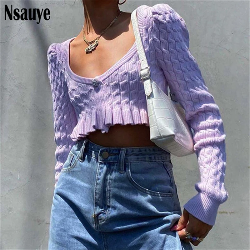 

Nsauye Kawaii Purple Long Sleeve V Neck Slim Sweaters Pullover Vintage Knitted Tops Fashion Streetwear Jumper Women Winter 2021