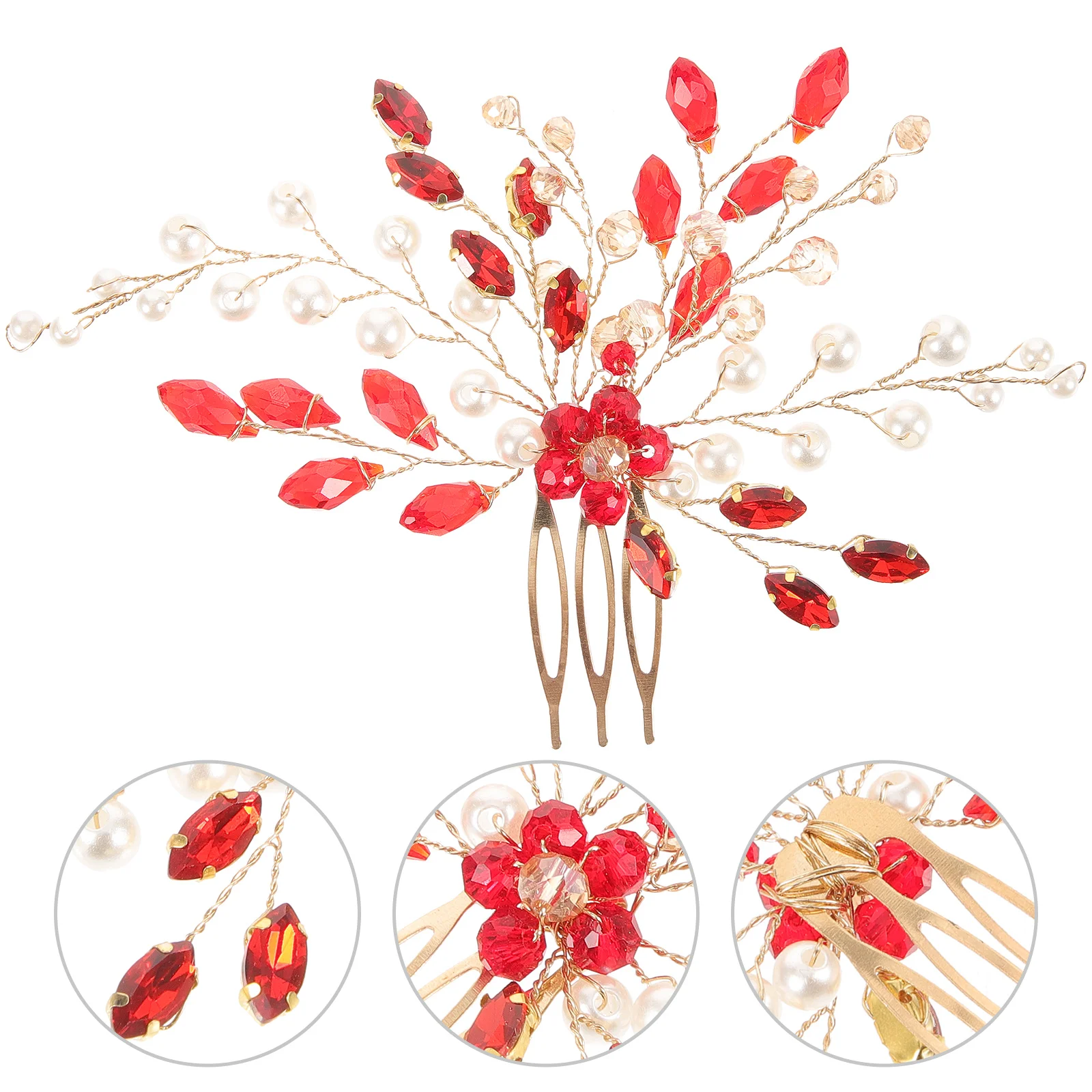 

Pearl Hair Side Comb Red Accessories Women Rhinestone Clips Metal Bridal Vintage Girl Headpiece