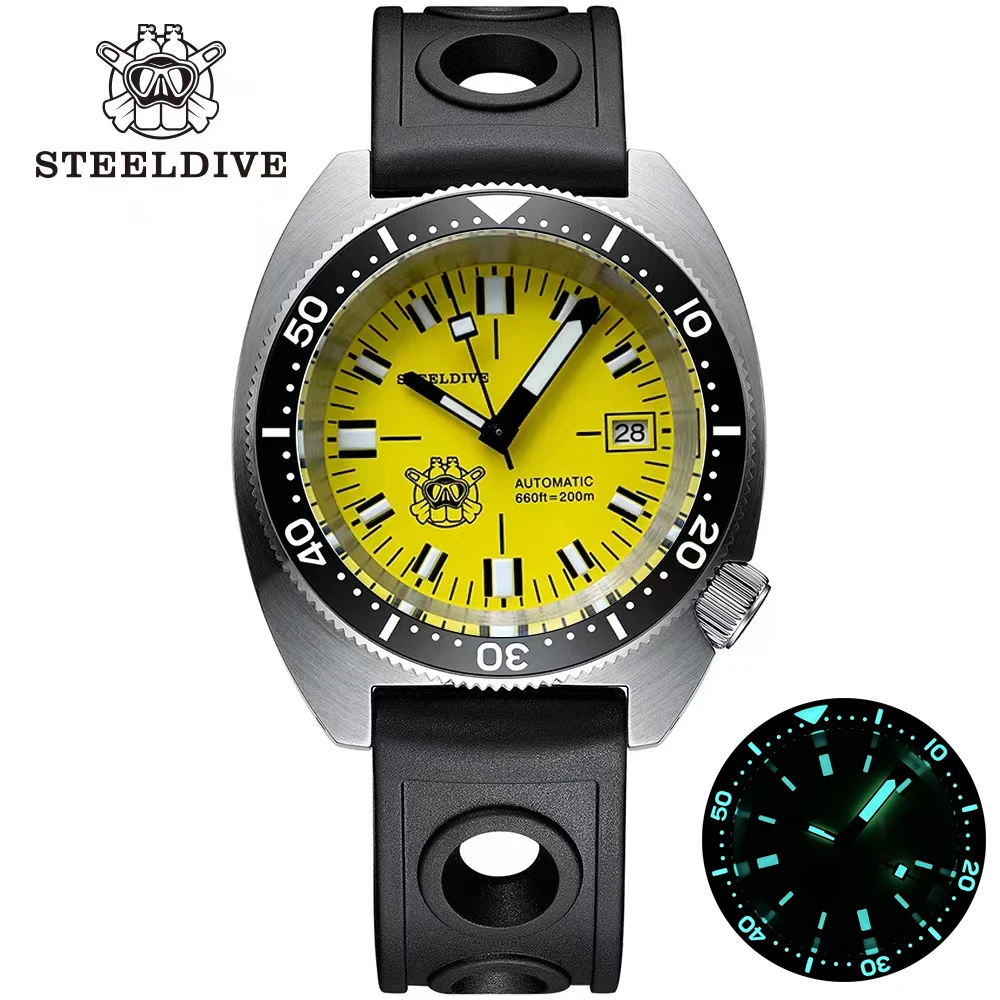 

Часы STEELDIVE SD1977 мужские маленькие, 42 мм, с желтым циферблатом NH35, 200 м, водонепроницаемые светящиеся роскошные часы для дайвинга