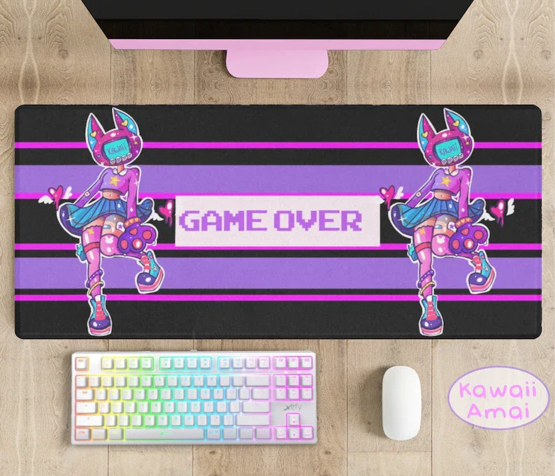 

Game over Mouse pad, Anime Gamer desk mat, Gaming large desk mousepad, Kawaii desk accessory Purple Gamer mousepad Nonslip