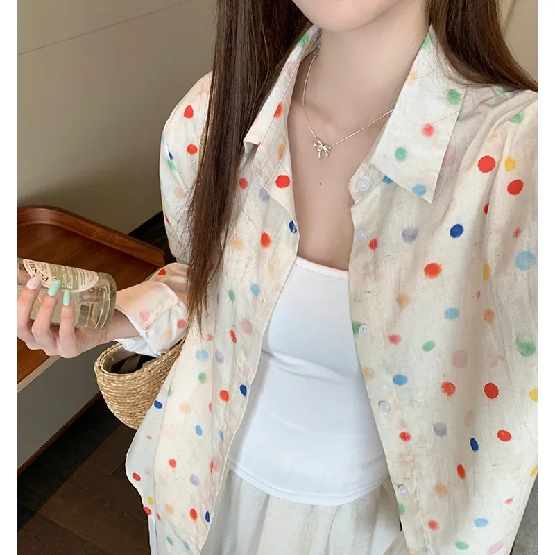 Женская винтажная рубашка в горошек с воротником лацканами 2024