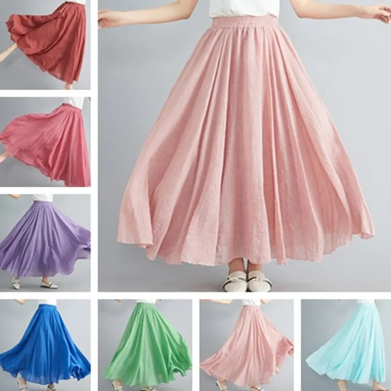 

Women Linen Cotton Long Skirts Elastic Waist Pleated Maxi Skirts Beach Boho Vintage Summer Skirts Faldas Saia High Quality