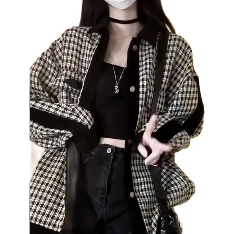 

2023 Casual Houndstooth Jacket Women's Clothing Spring Autumn Loose Splicing Lapel Plaide Short Coats Female Outerwear AC769