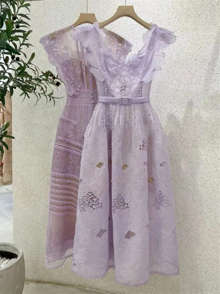 

Summer Sexy Beach Sleeveless Embroidery Backless 2023 Sundress Women Boho Party Runway Vintage Dress Lace Solid Purple Vestido