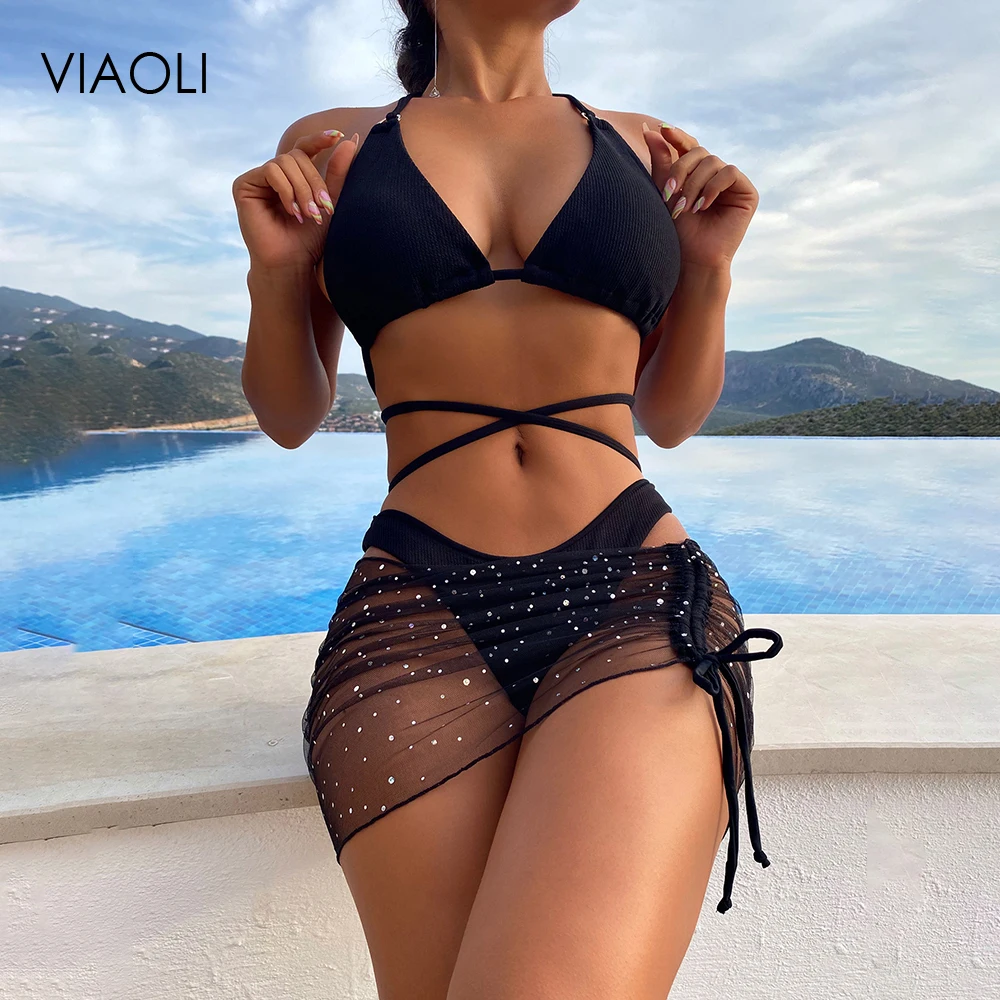 

High Waist Summer Bathing Suit Twist Bikini Set Sexy Swimsuit Women 3 Pieces Halter Swimwear Lace Up Beach Wear Sexy Beachwear