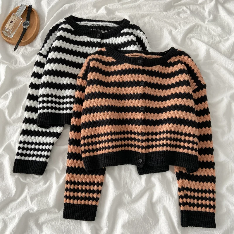 

Black Striped Sweater Autumn Winter 2022 New Thickened knitting Cardigan Women's All-match Loose Short Tops