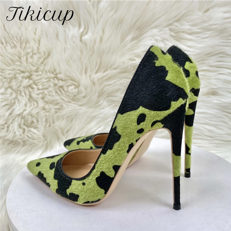 

Tikicup Hairy Grafitti Pattern Women Green Pointy Toe High Heel Shoes Unique Design Sexy Slip On Stiletto Pumps Plus Size 33-45