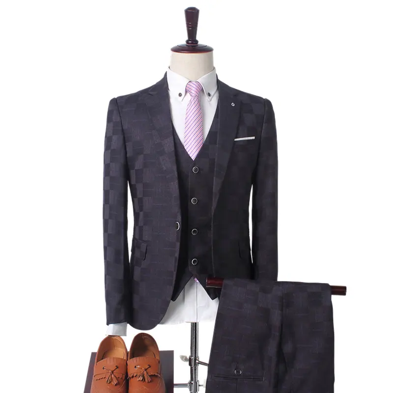 Men Plaid Suit Fashion Blazers And Pants Set 3 Pieces Men's Blazer Business Suits