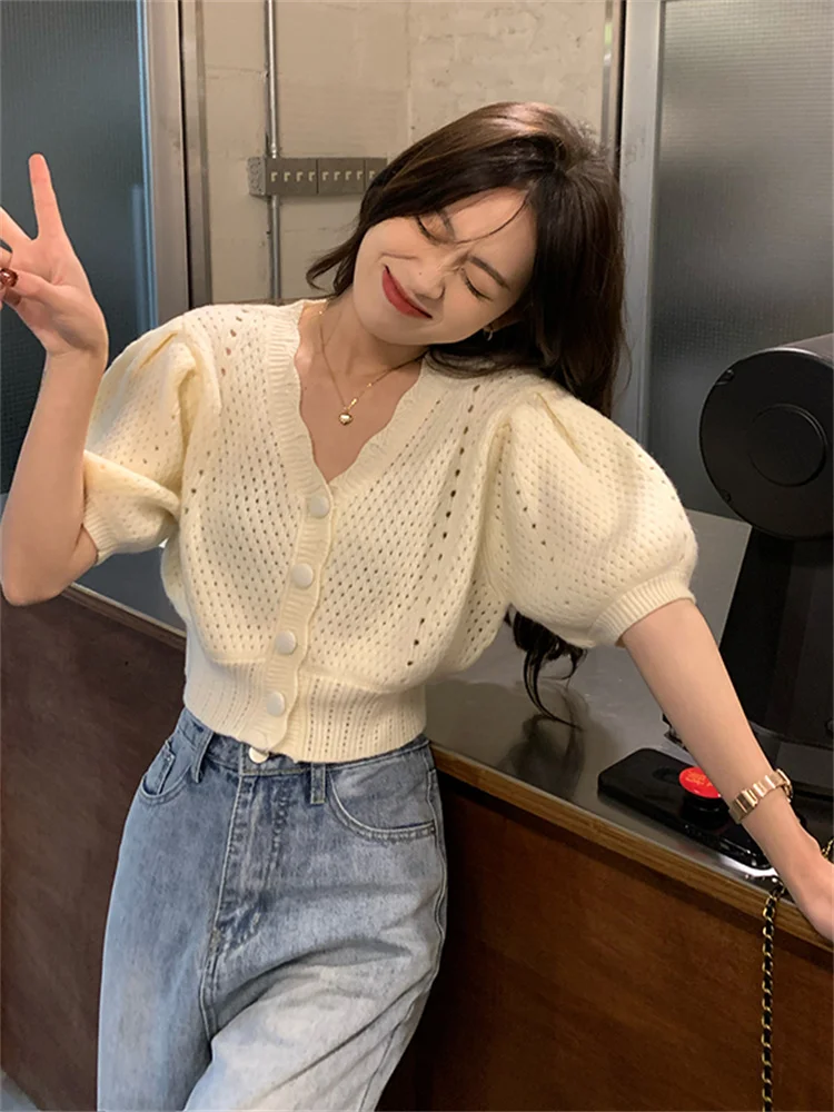 Женский трикотажный кардиган с рукавами-фонариками повседневный элегантный