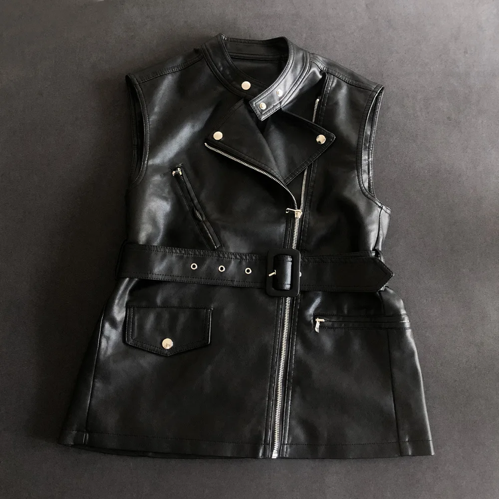 2023 autumn clothes new fashion slim small stand-up collar motorcycle leather vest belt sleeveless leather vest