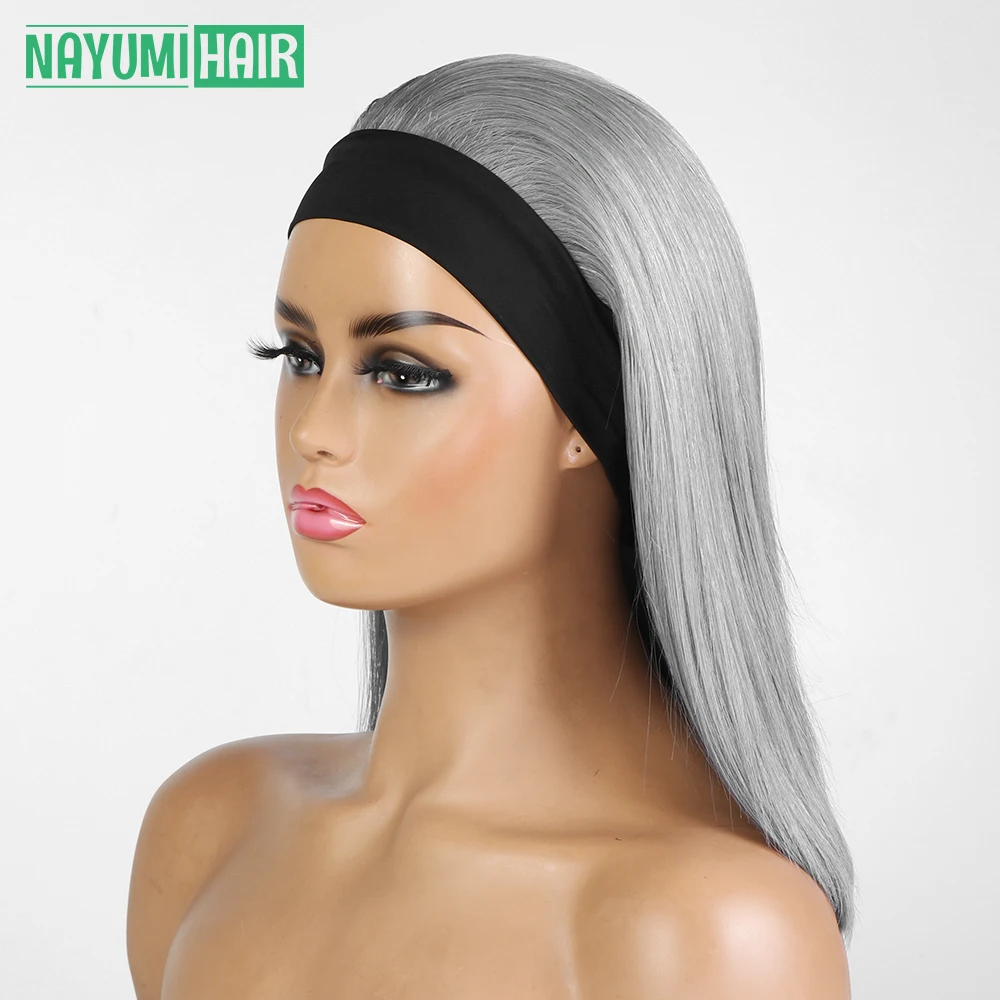 Grey Headband Wig Human Hair Bob Wig Glueless No Gel Remy Malaysia Straight Human Hair Wigs For Women 180% Density Scarf Wig