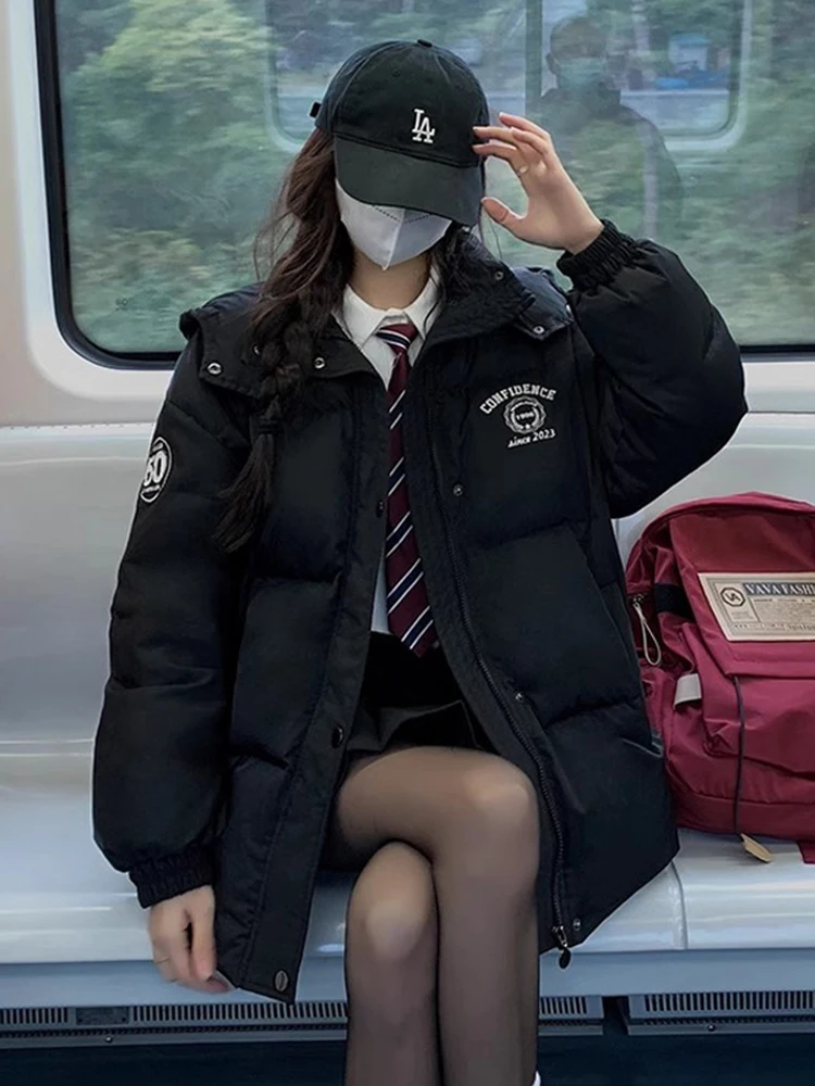 

Зимняя куртка унисекс 2023 в стиле Харадзюку, женские пуховики, пальто, плотная теплая короткая/длинная парка с капюшоном и надписью, женская одежда в стиле преппи